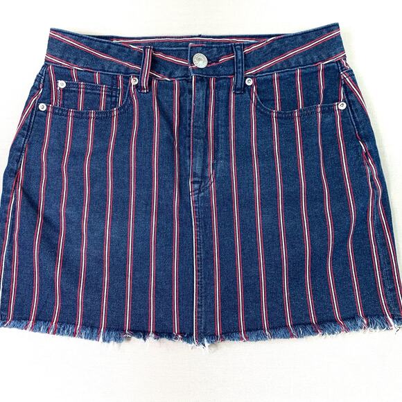 American Eagle Striped Mini Denim Jeans Skirt Raw Hem Stretchy Women Size 6 Blue - Picture 1 of 11